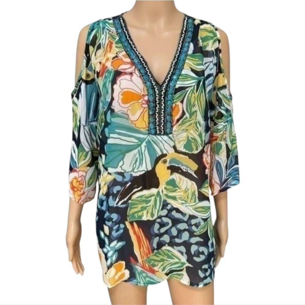 Melissa Paige Tropical Floral Sheer Cold Shoulder Blouse